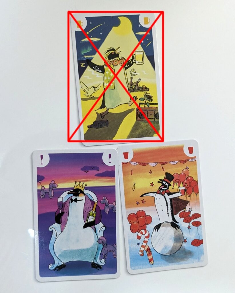 下段の色と異なる色のカードは配置できません